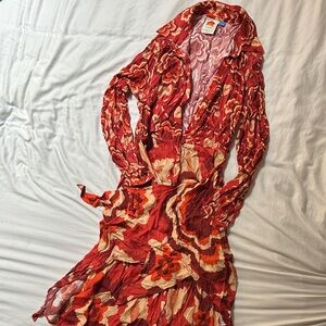 Anthropologie Red and Cream Floral Wrap Dress